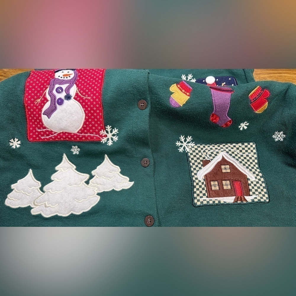 Vintage Karen Scott Green Christmas Sweater Embroidered & Appliquéd Women’s Sz M - Picture 10 of 10